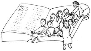 Zeichnung: Menschen klettern aus der Bibel